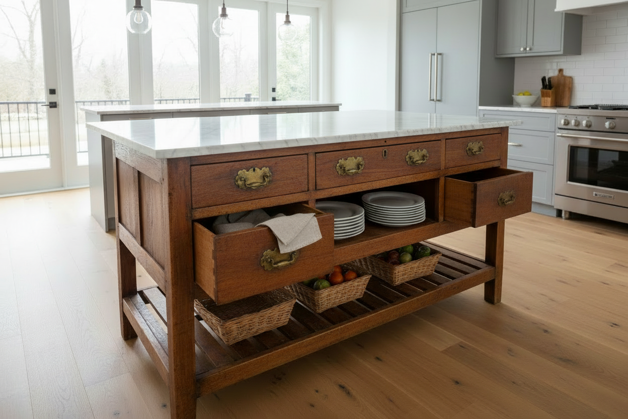 Bureau repurposed into kitchen island with clean countertop